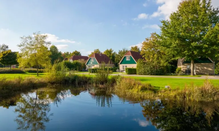 Vakantiehuizen achter de vijver met rietkraag op Landal Hunerwold State in Wateren