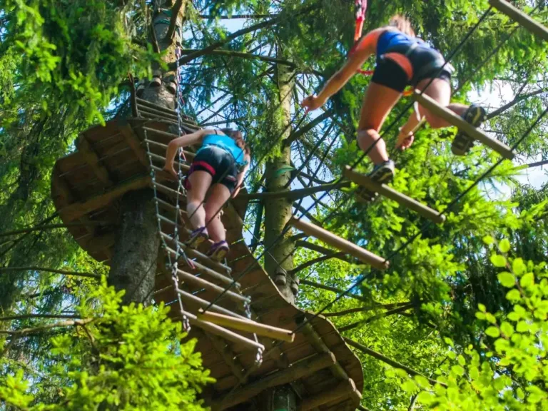Op hoogte klimmen tussen de bomen op camping Le Lac des Vieilles Forges