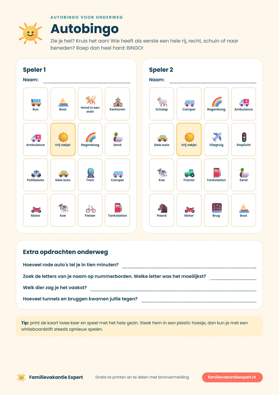 Autobingo voor onderweg: gratis printable met twee bingokaarten voor in de auto