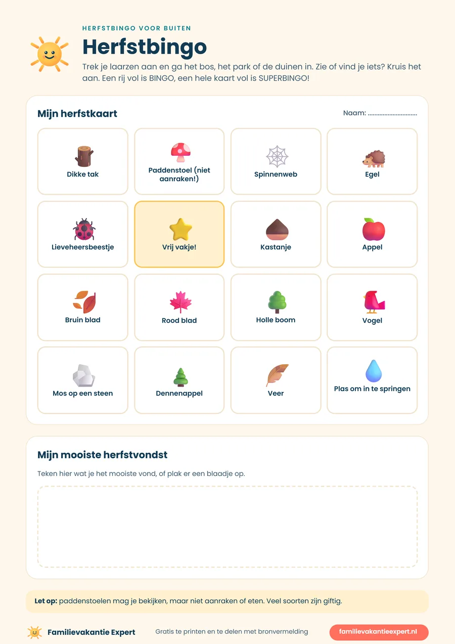 Herfstbingo voor buiten: gratis printable voor een herfstwandeling met kinderen