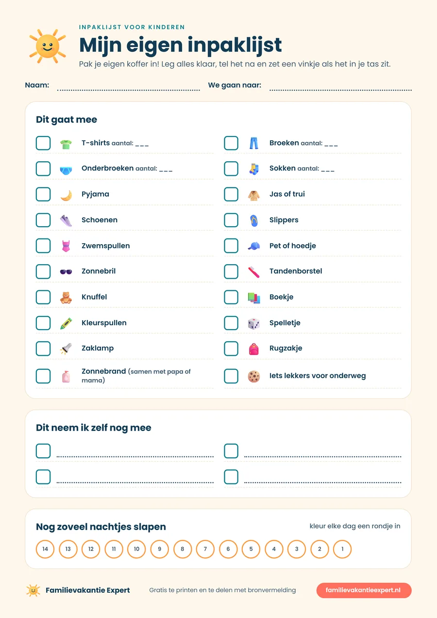 Inpaklijst voor kinderen: gratis printable met plaatjes om zelf af te vinken