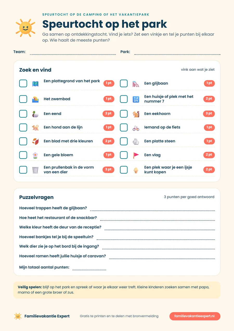 Speurtocht op de camping of het vakantiepark: gratis printable met punten en puzzelvragen
