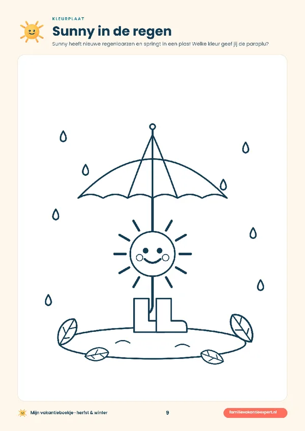 Pagina uit het vakantieboekje: kleurplaat Sunny in de regen